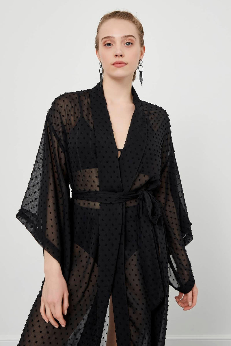 Siyah Puantiyeli Transparan Uzun Kadın Kimono