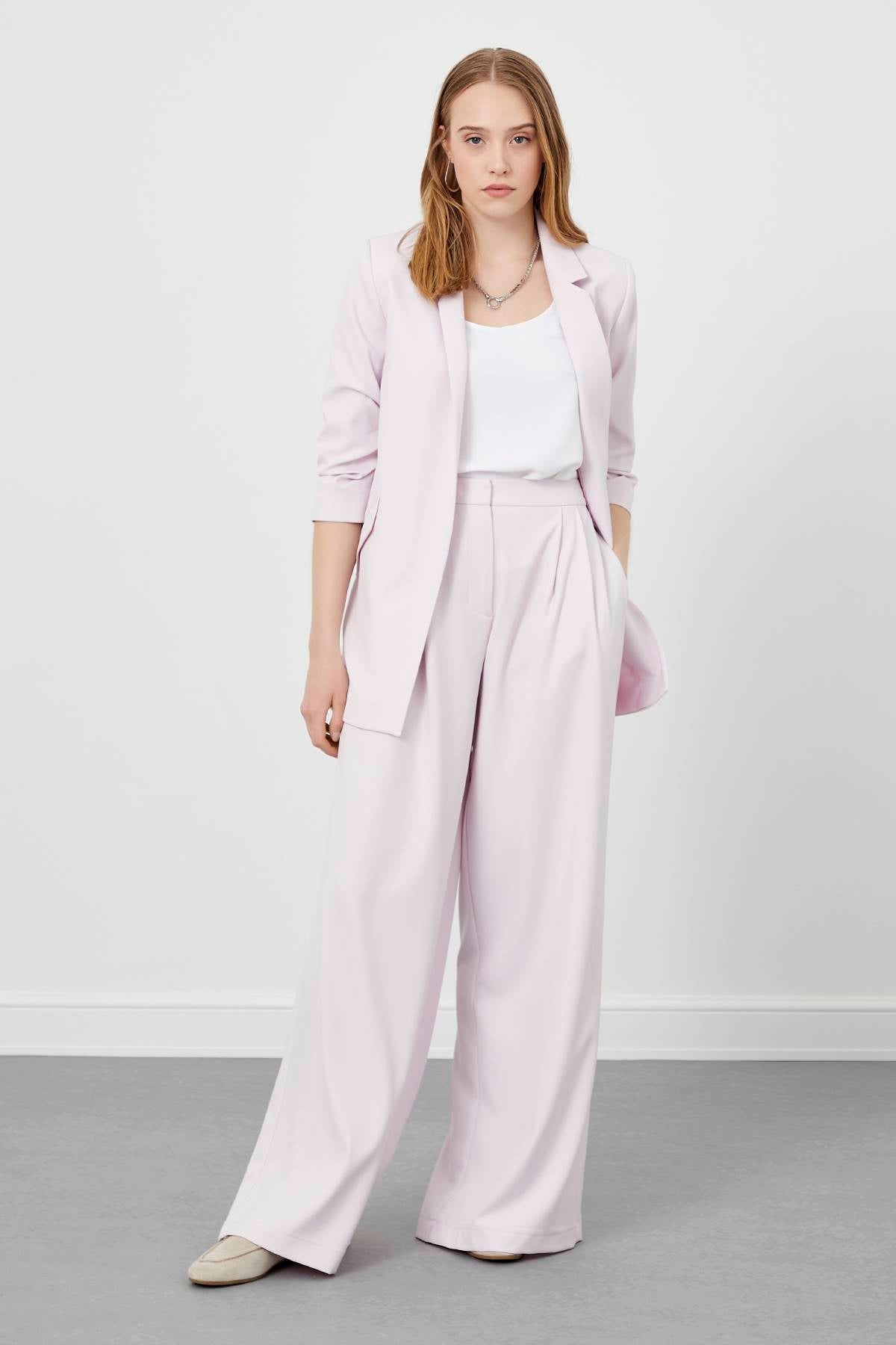 Powder Pink Pleated Wide Leg Trousers