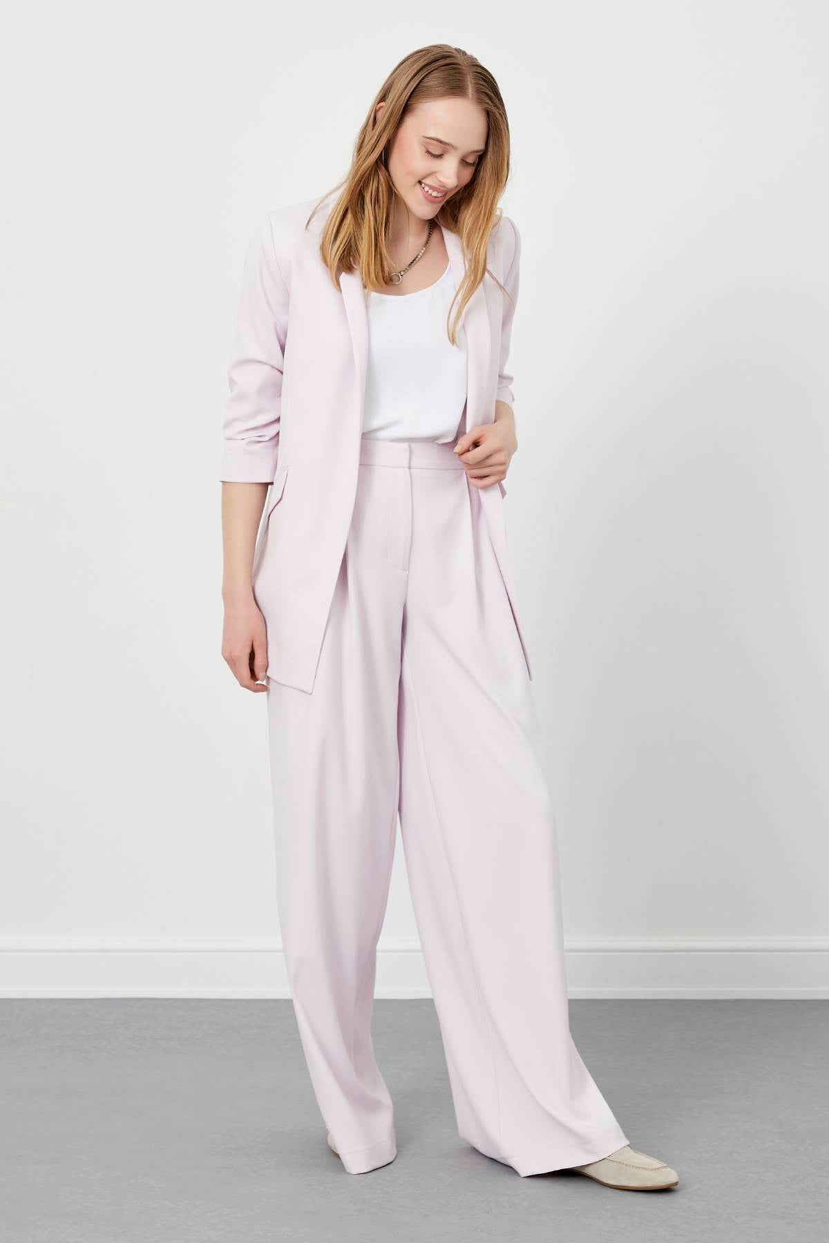 Powder Pink Pleated Wide Leg Trousers
