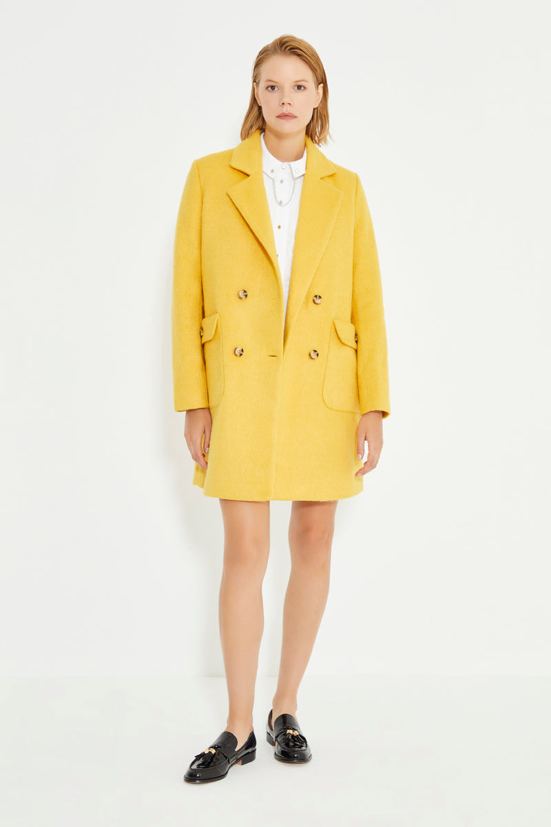 Yellow Double Breasted Side Patch Pocket With Button Women's Coat