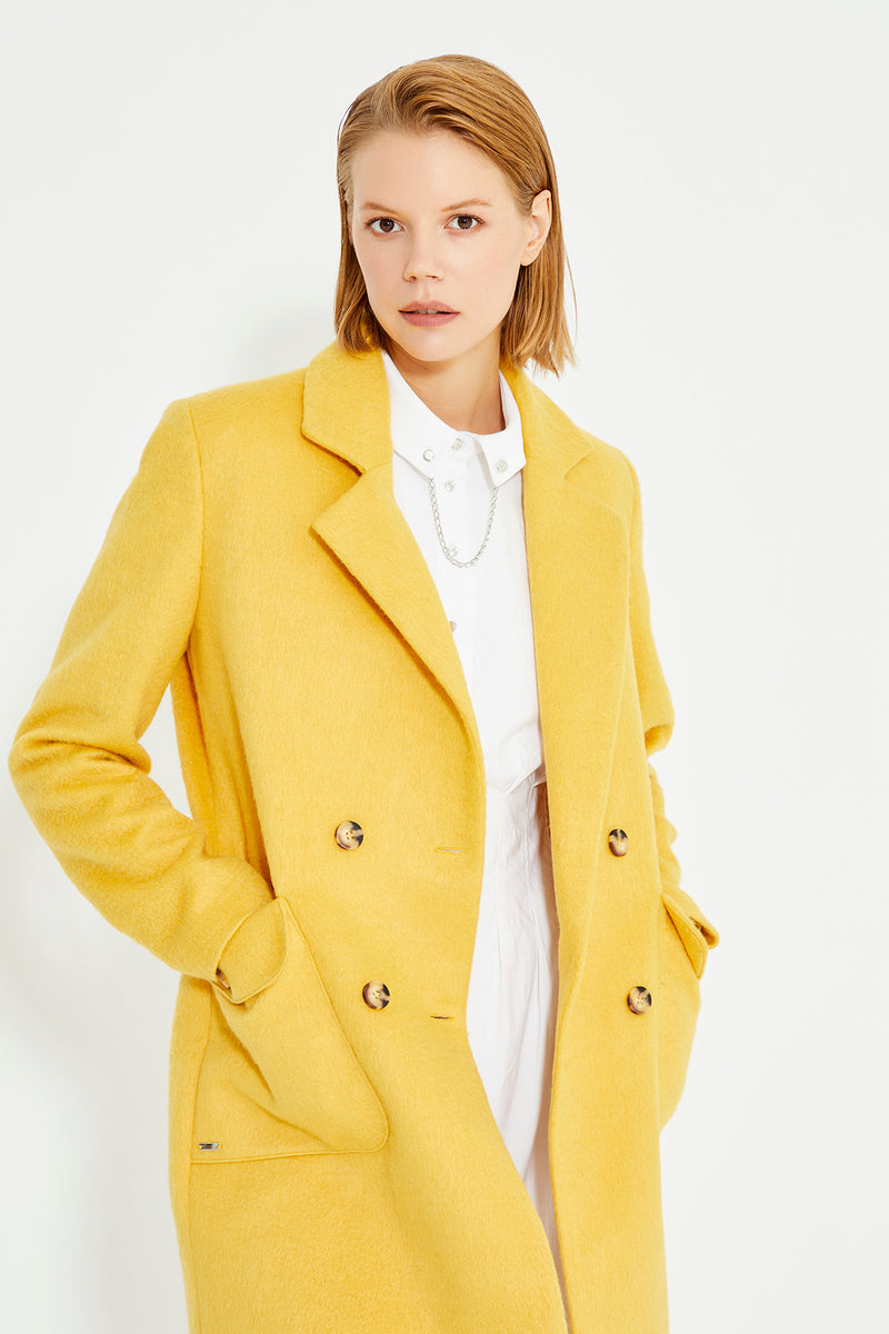 Yellow Double Breasted Side Patch Pocket With Button Women's Coat