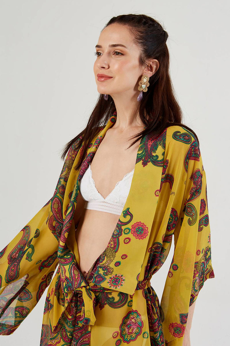 Yellow Floral Pattern Belted Kimono