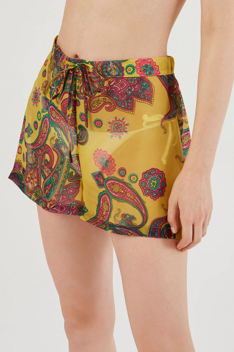 Yellow Floral Pattern Mini Shorts