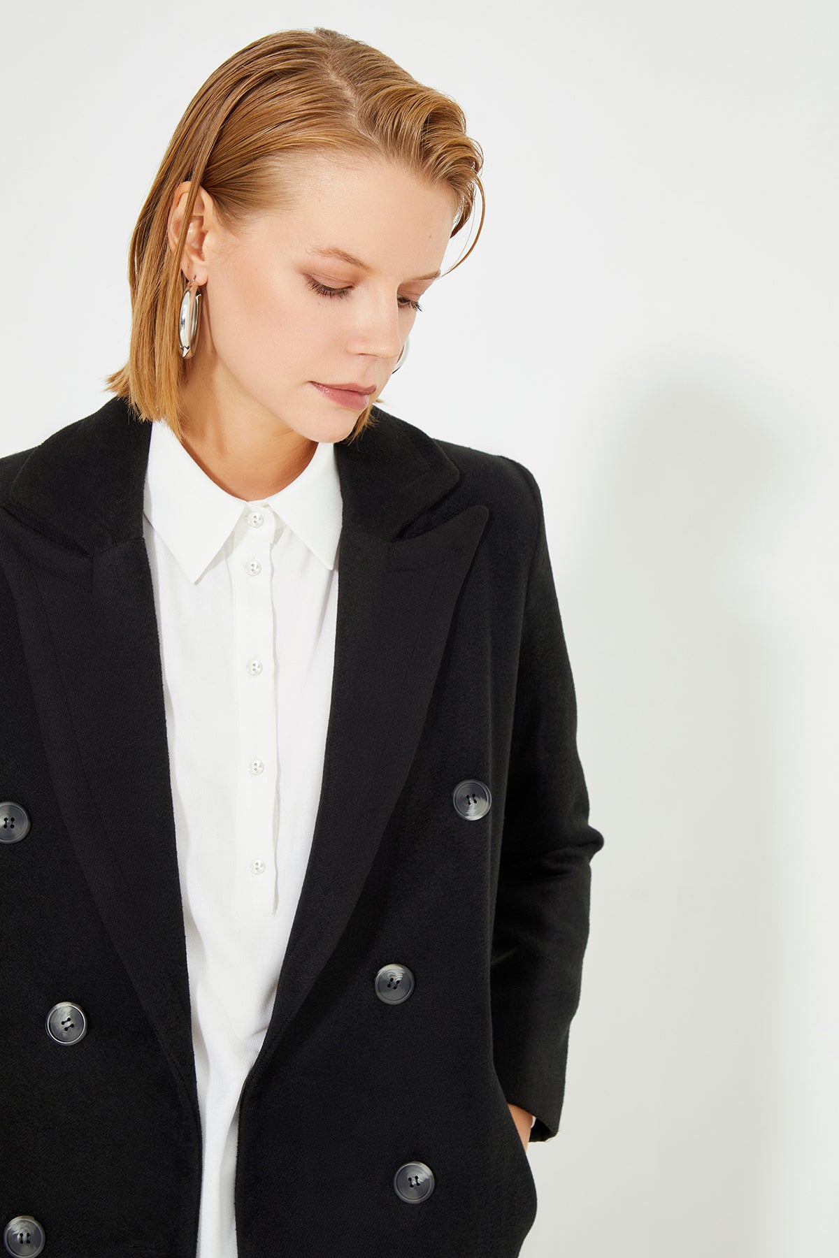 Black Double Breasted Front Button Closure Long Women's Coat