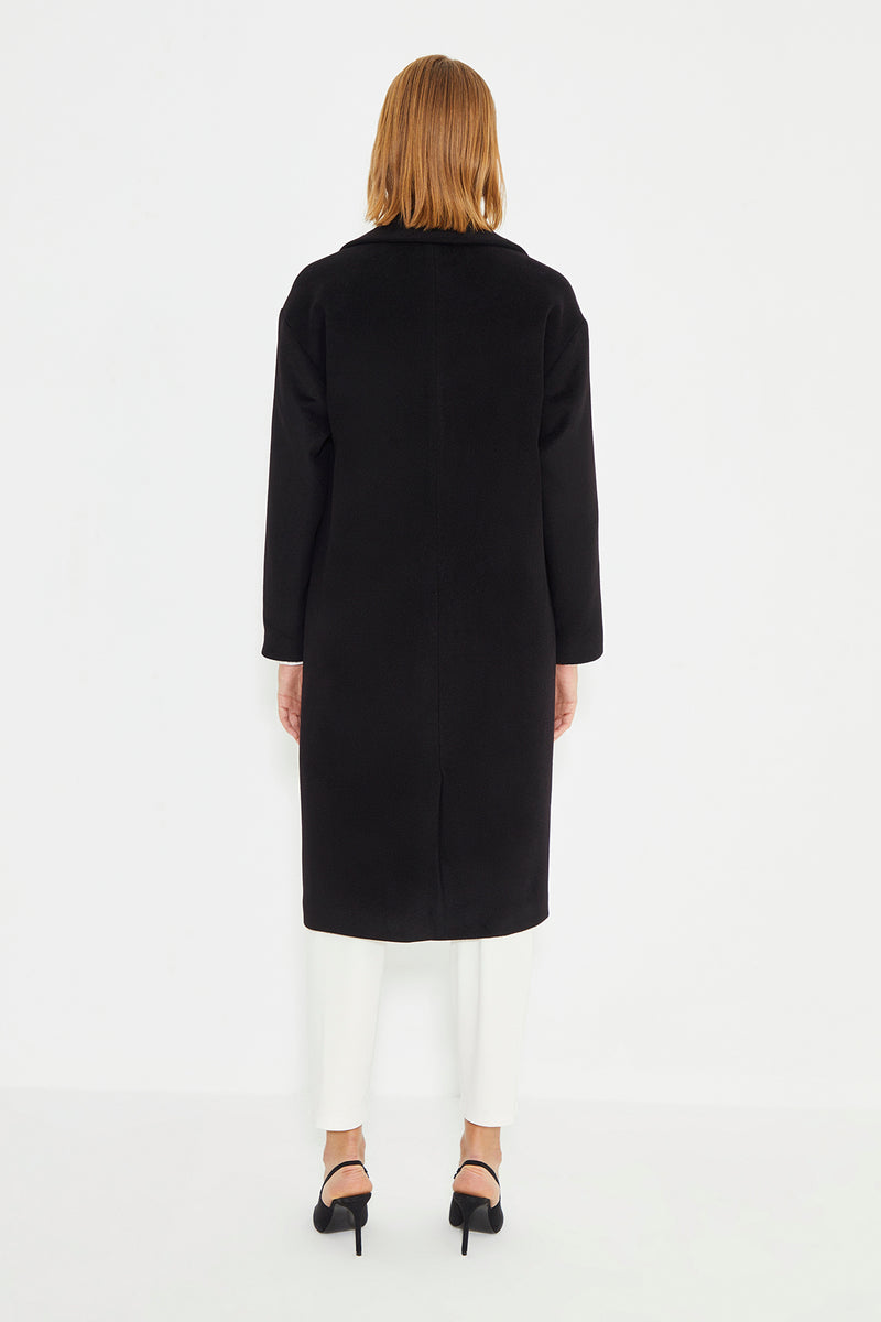 Black Low Shoulder Slit Detailed Long Women's Coat