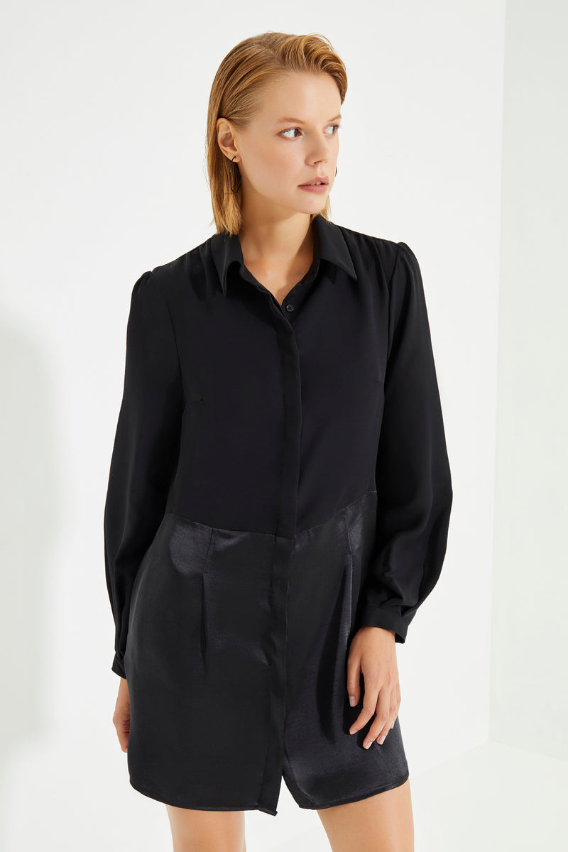 Siyah Etek Ucu Saten Uzun Kollu Gömlek Elbise