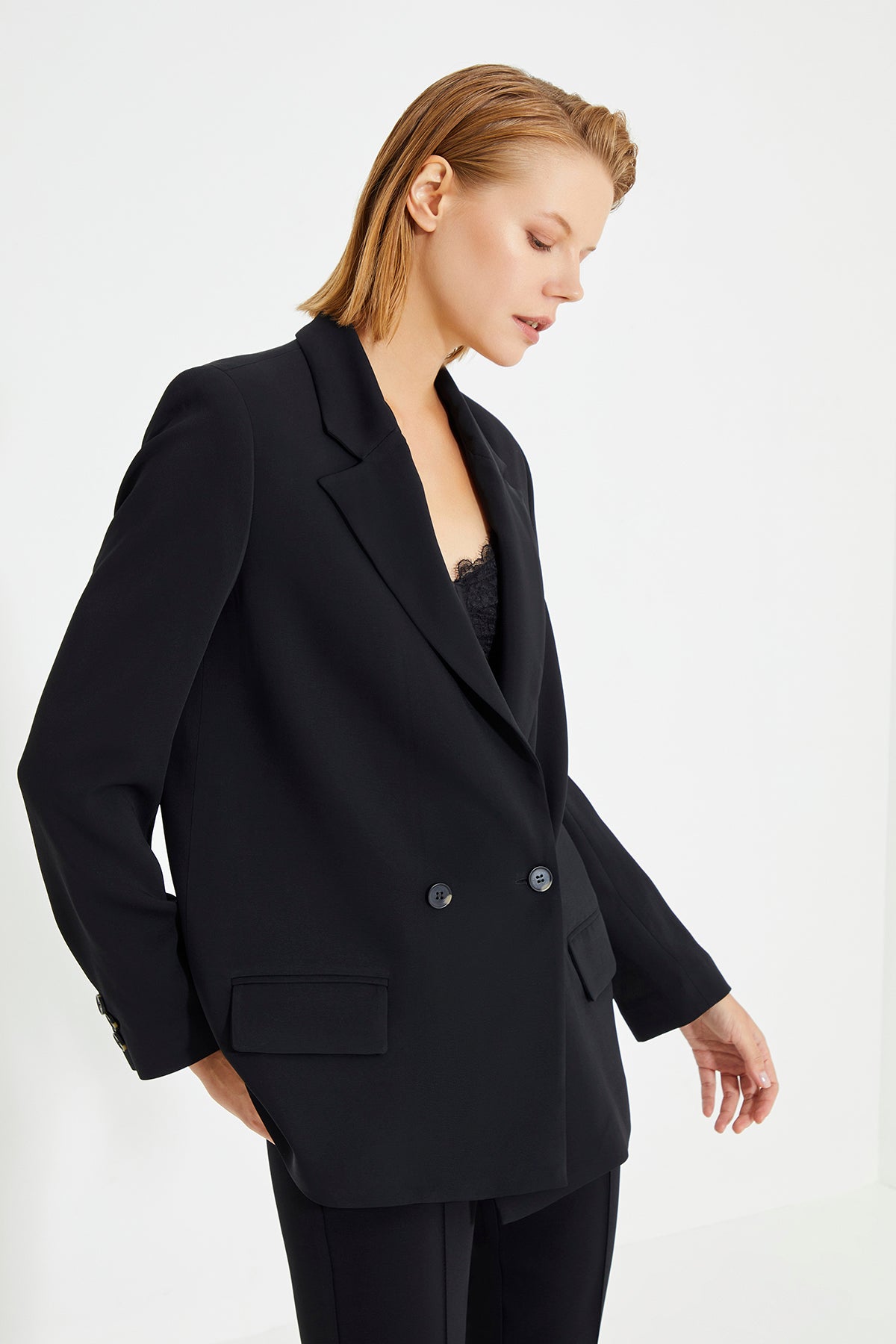 Black Double Breasted Women's Blazer Jacket With Pockets