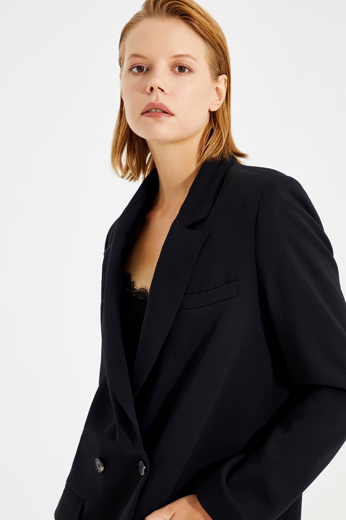 Black Double Breasted Women's Blazer Jacket With Pockets