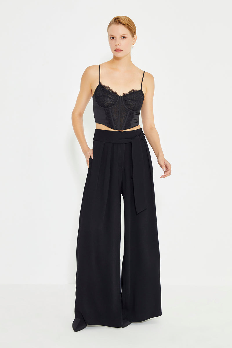 Black Pleated Self Fabric Belted Side Pocket Women's Trousers