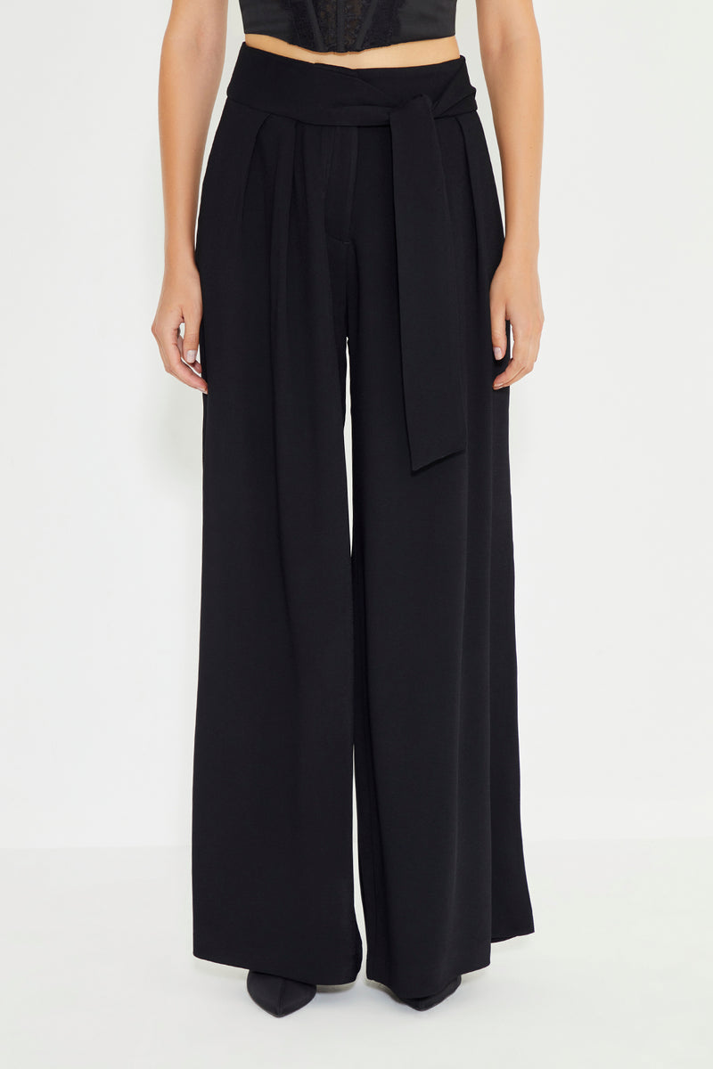 Black Pleated Self Fabric Belted Side Pocket Women's Trousers