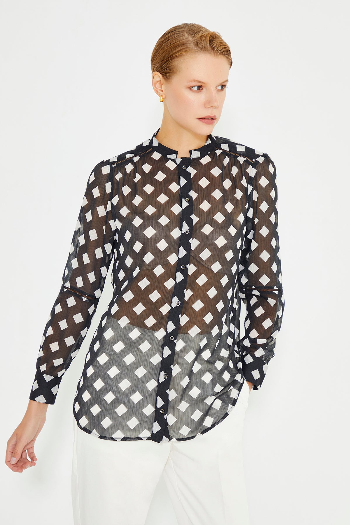 Black And White Checked Pattern Long Sleeve Ladder Strip Women's Shirt