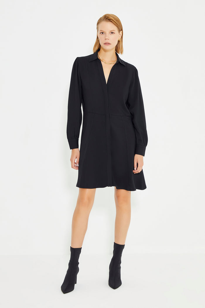 Black Long Sleeve Shirt Collar Mini Dress