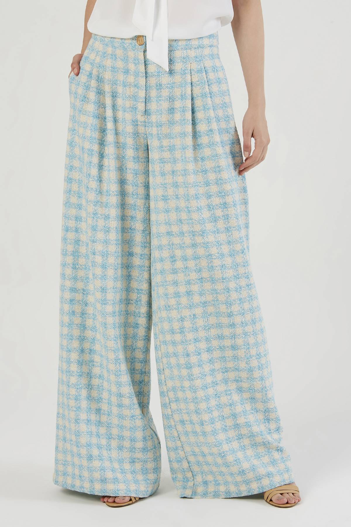 Turquoise Plaid Wide Leg Trousers