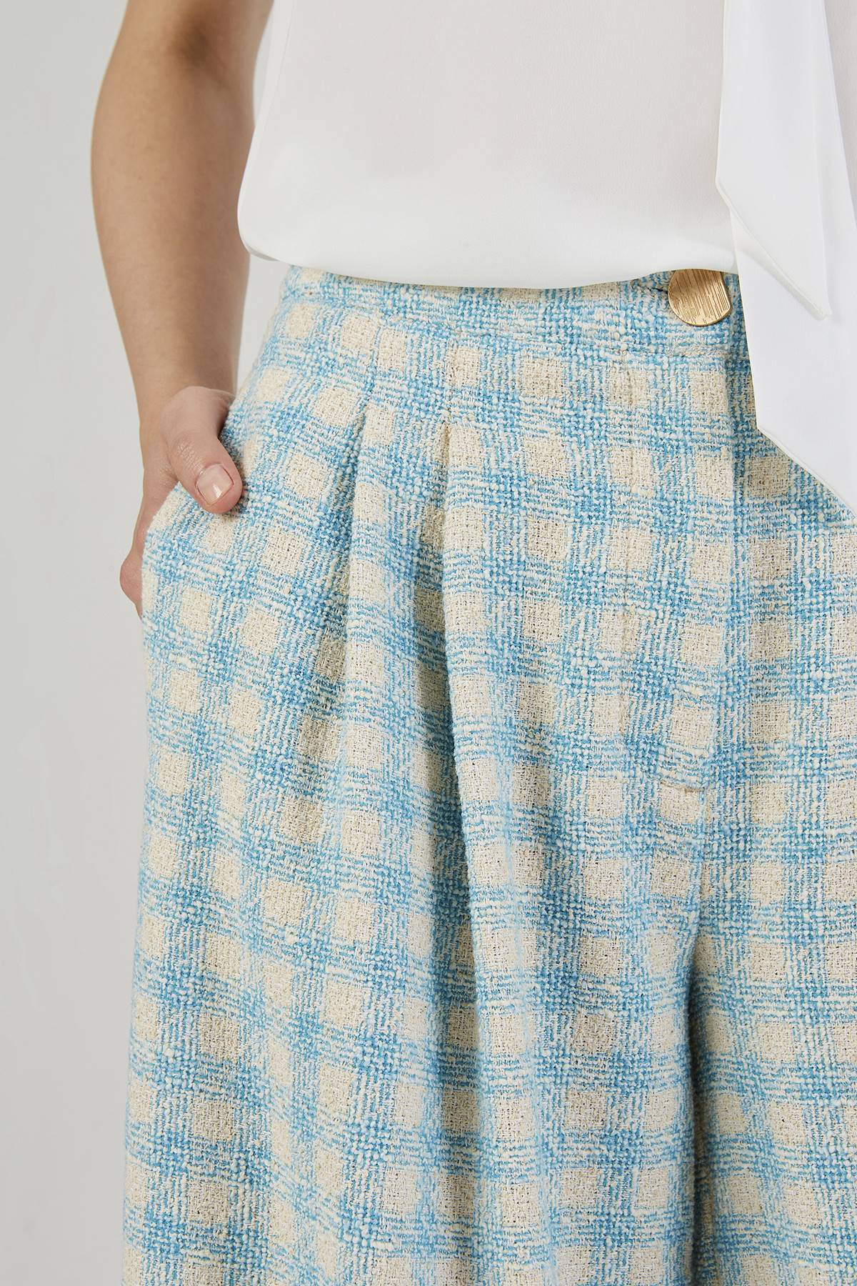 Turquoise Plaid Wide Leg Trousers