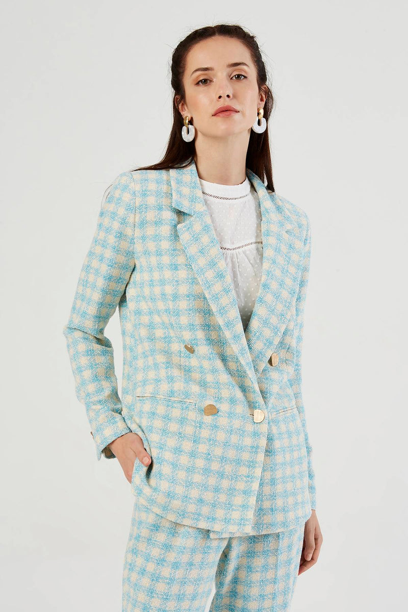 Turquoise Check Double Breasted Collar Blazer Jacket