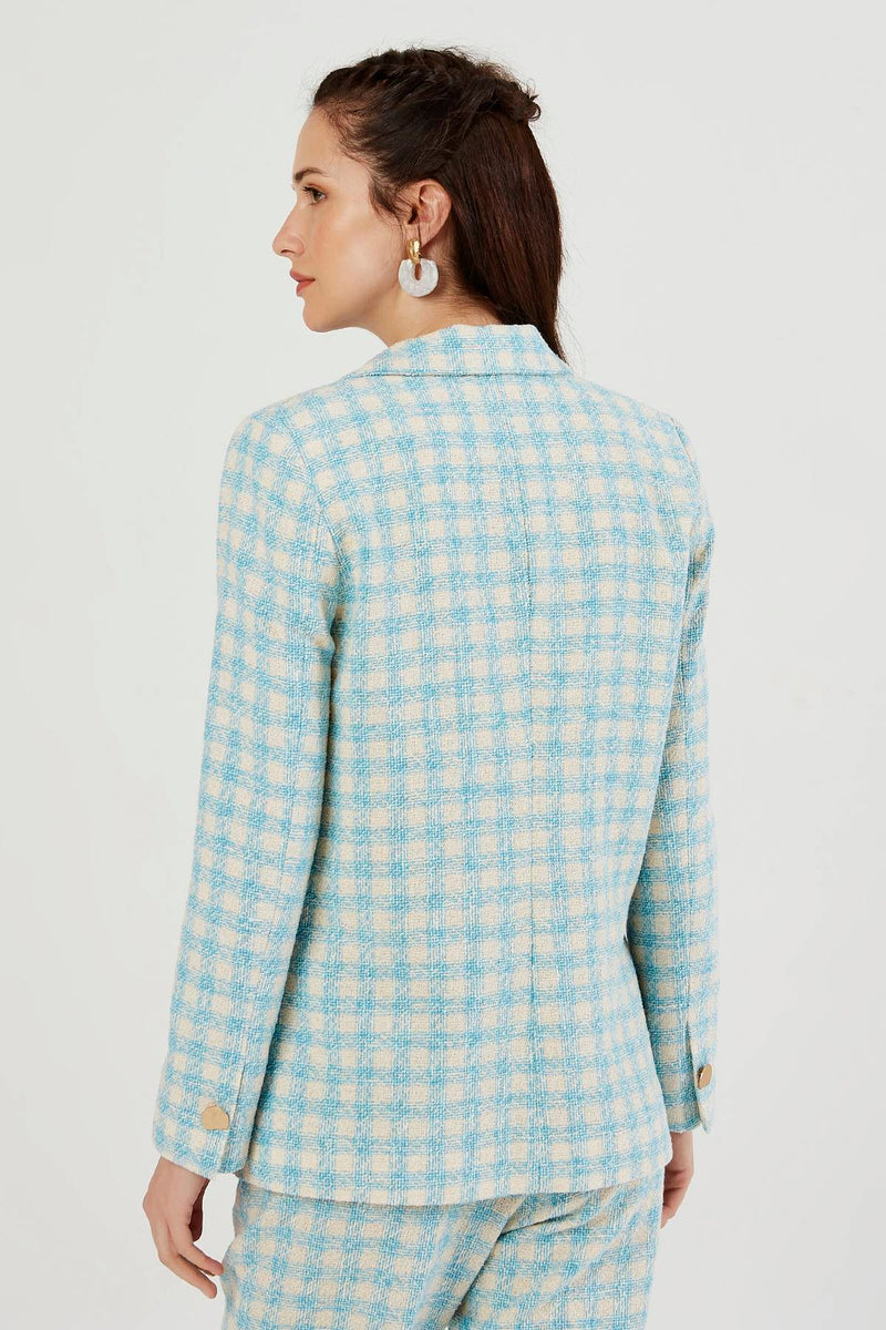 Turquoise Check Double Breasted Collar Blazer Jacket