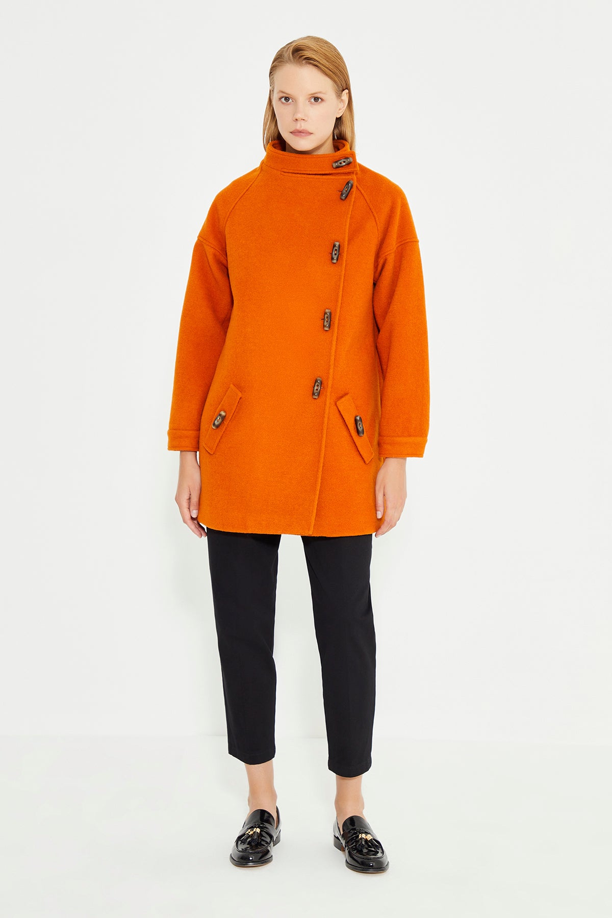 Orange Color Aysmmetric Front Button Detailed Side Pocket Women'Coat