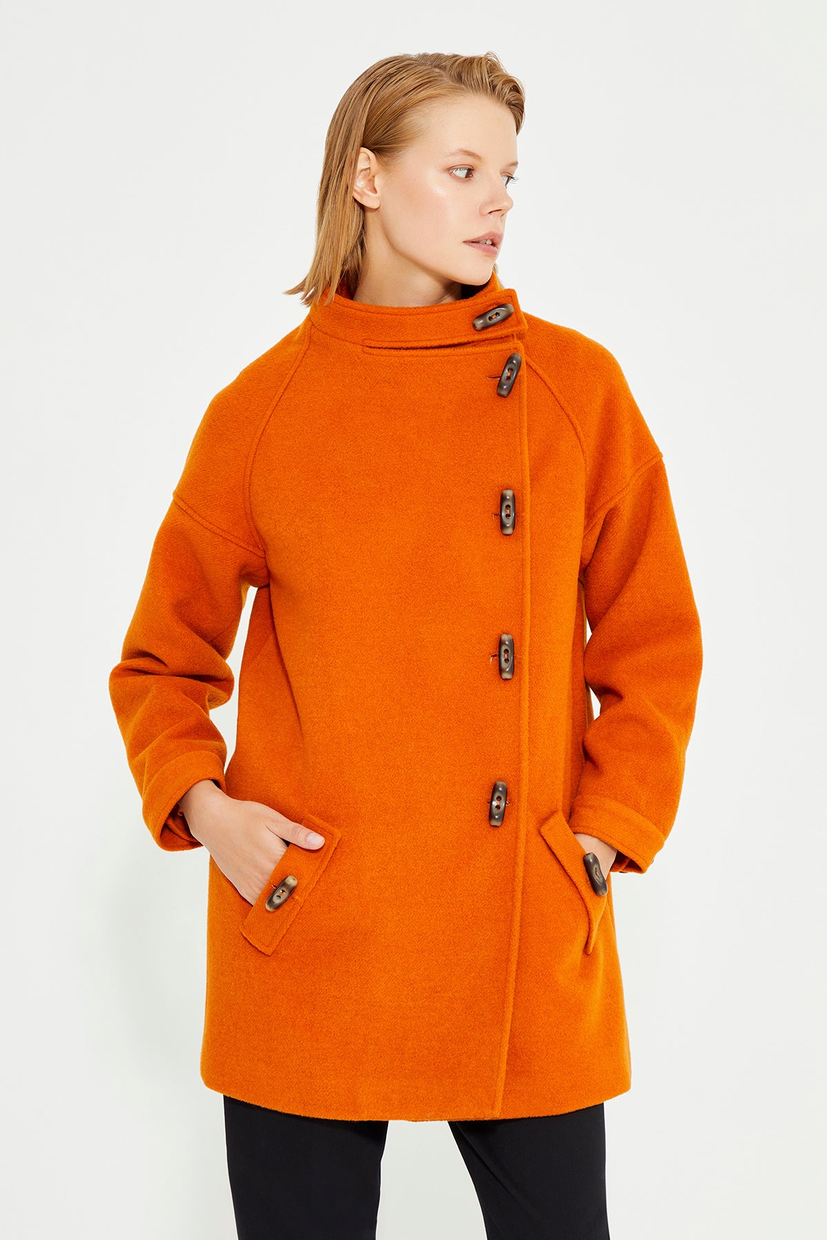 Orange Color Aysmmetric Front Button Detailed Side Pocket Women'Coat