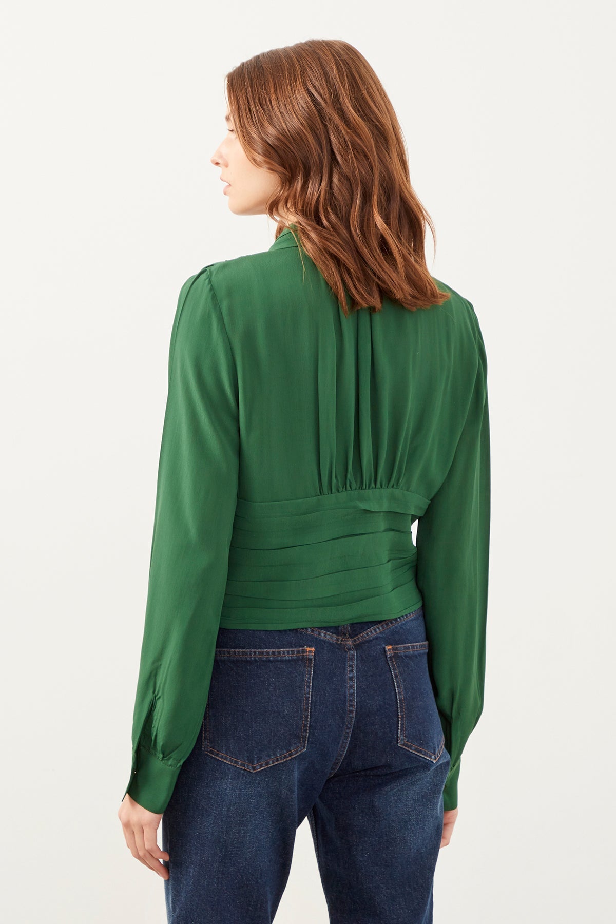 Yeşil Önü Fermuarlı Yakalı Drapeli Bluz
