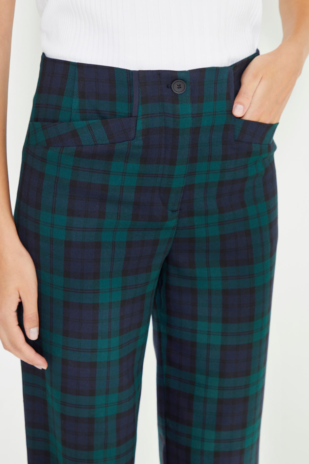 Green Plaid Leather Piping Detail Carrot Fit Women's Trousers