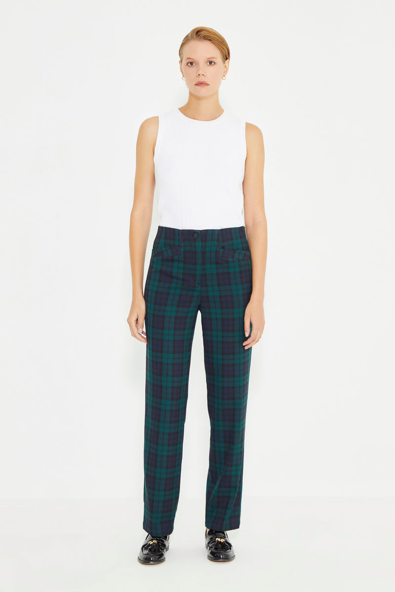 Green Plaid Leather Piping Detail Carrot Fit Women's Trousers