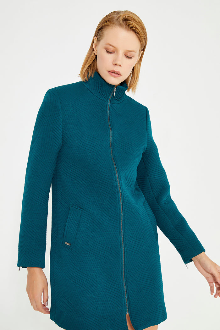 Green Front And Collar Zip Detailed women's Coat