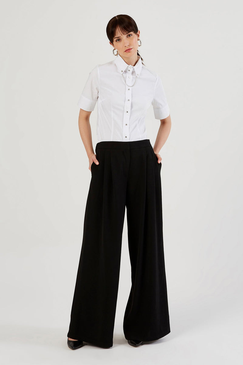 Siyah Yüksek Bel Pileli Bol Paça Kadın Pantolon